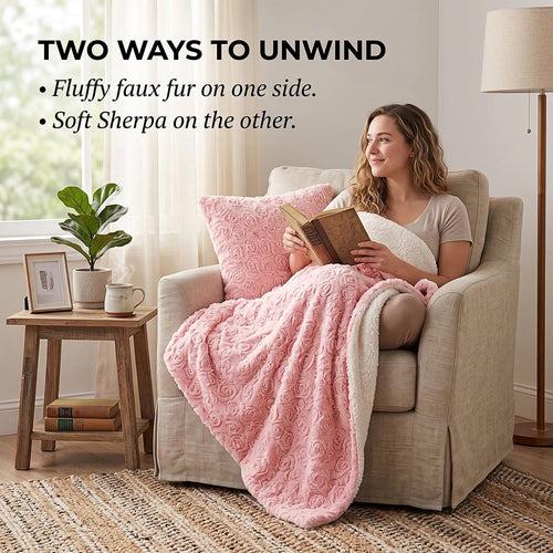 DaDa Bedding Luxury Blossom Pink Rose Buds Pink Sherpa Backside Faux Fur Throw Blanket (BL-171752)