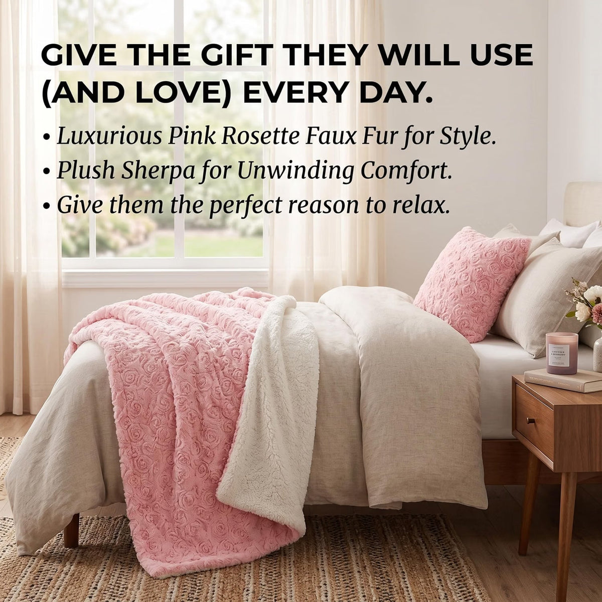 DaDa Bedding Luxury Blossom Pink Rose Buds Pink Sherpa Backside Faux Fur Throw Blanket (BL-171752)